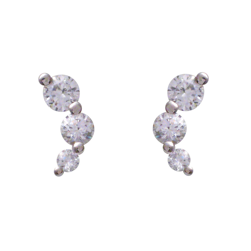 Sterling silver, rhodium plated, triple round brilliant cut cubic zirconia curved drop earrings.