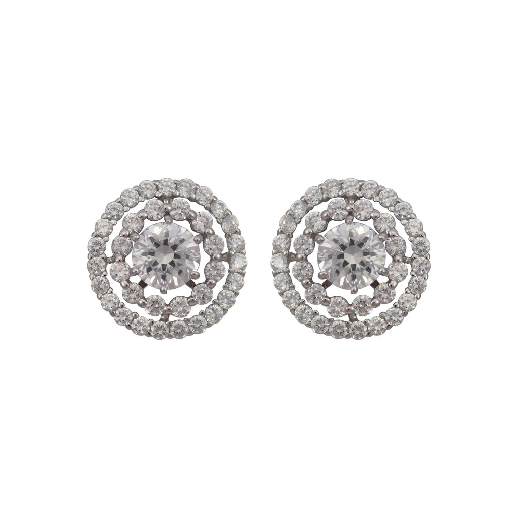 Sterling silver, rhodium plated, large pave cubic zirconia double disc earrings.