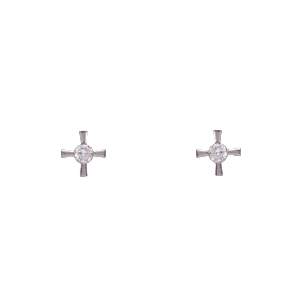 Sterling silver, rhodium plated, round brilliant cut cubic zirconia set in small cross earrings.