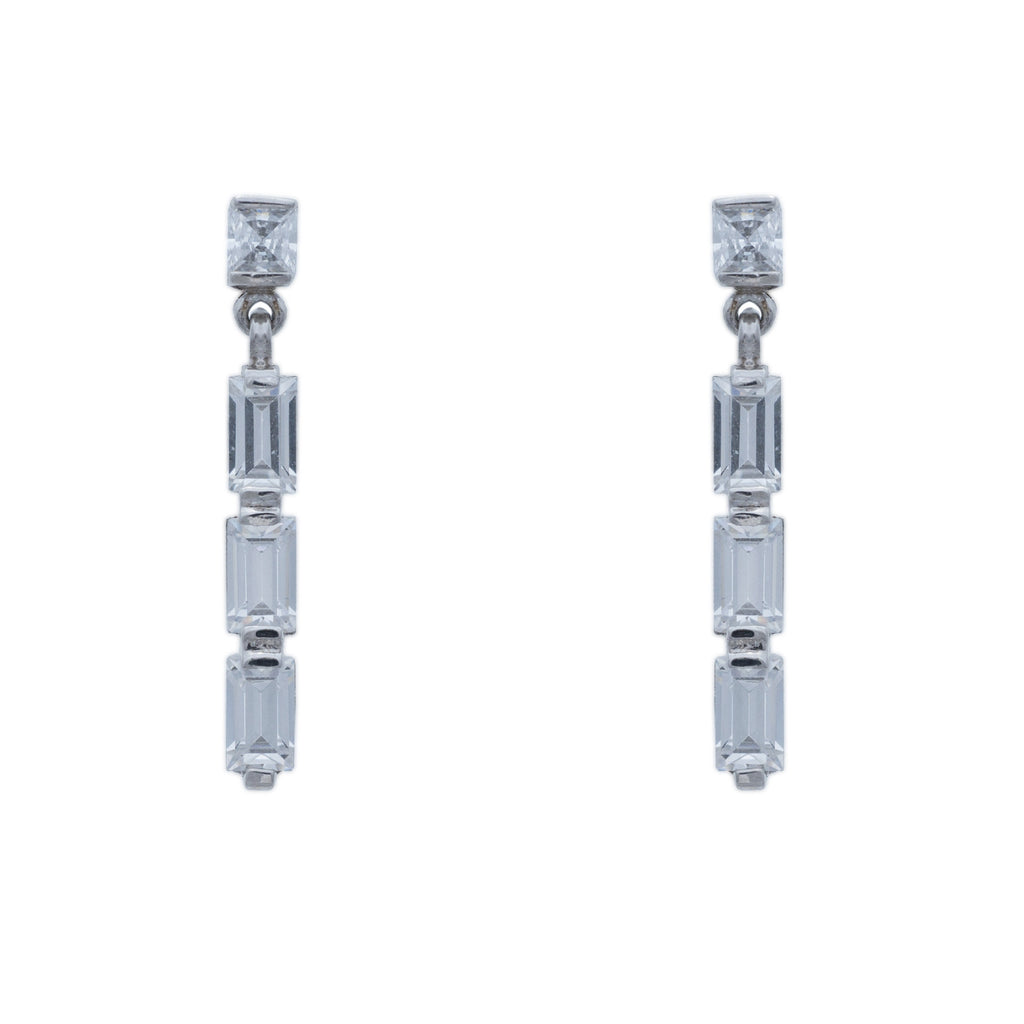 Sterling silver, rhodium plated, square princess cut top and triple baguette cubic zirconia, drop earrings.