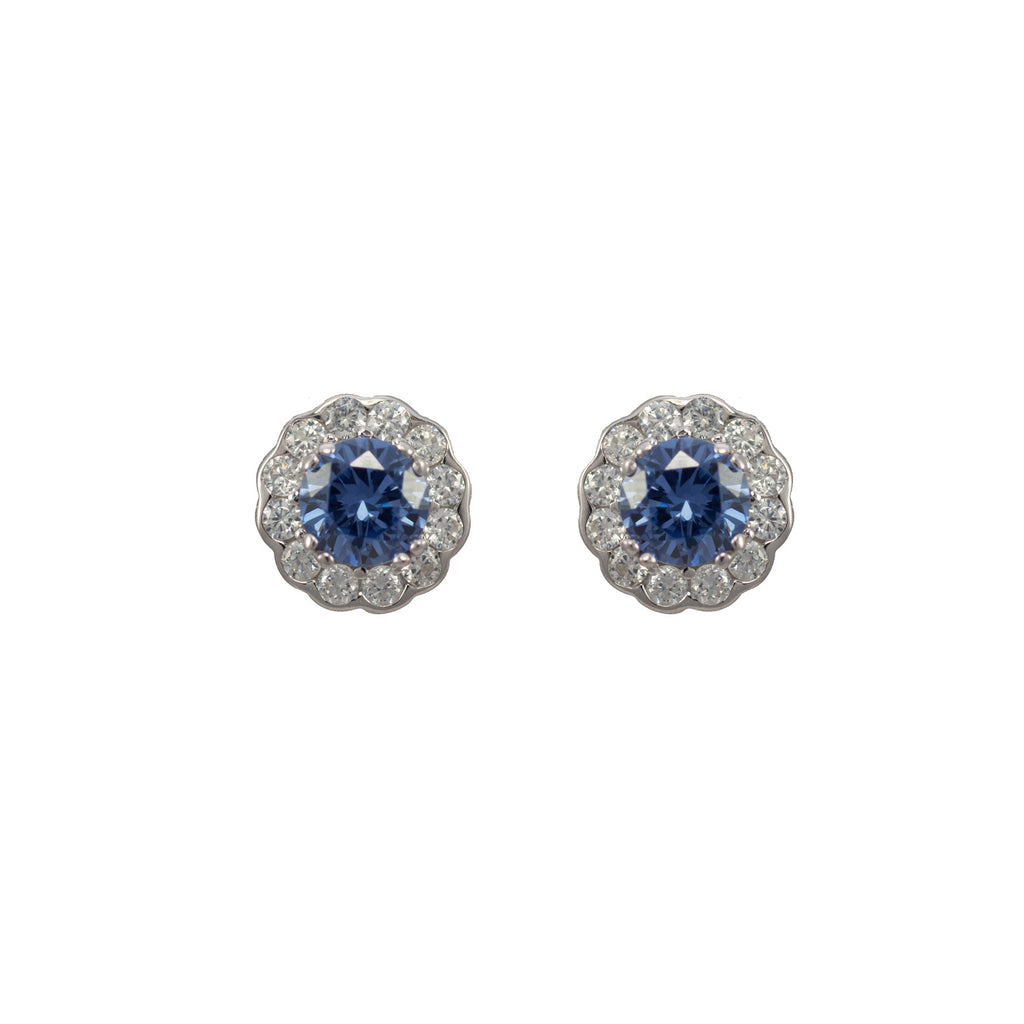 Sterling silver, rhodium plated, round tanzanite brilliant cut cubic zirconia centre cluster earrings.