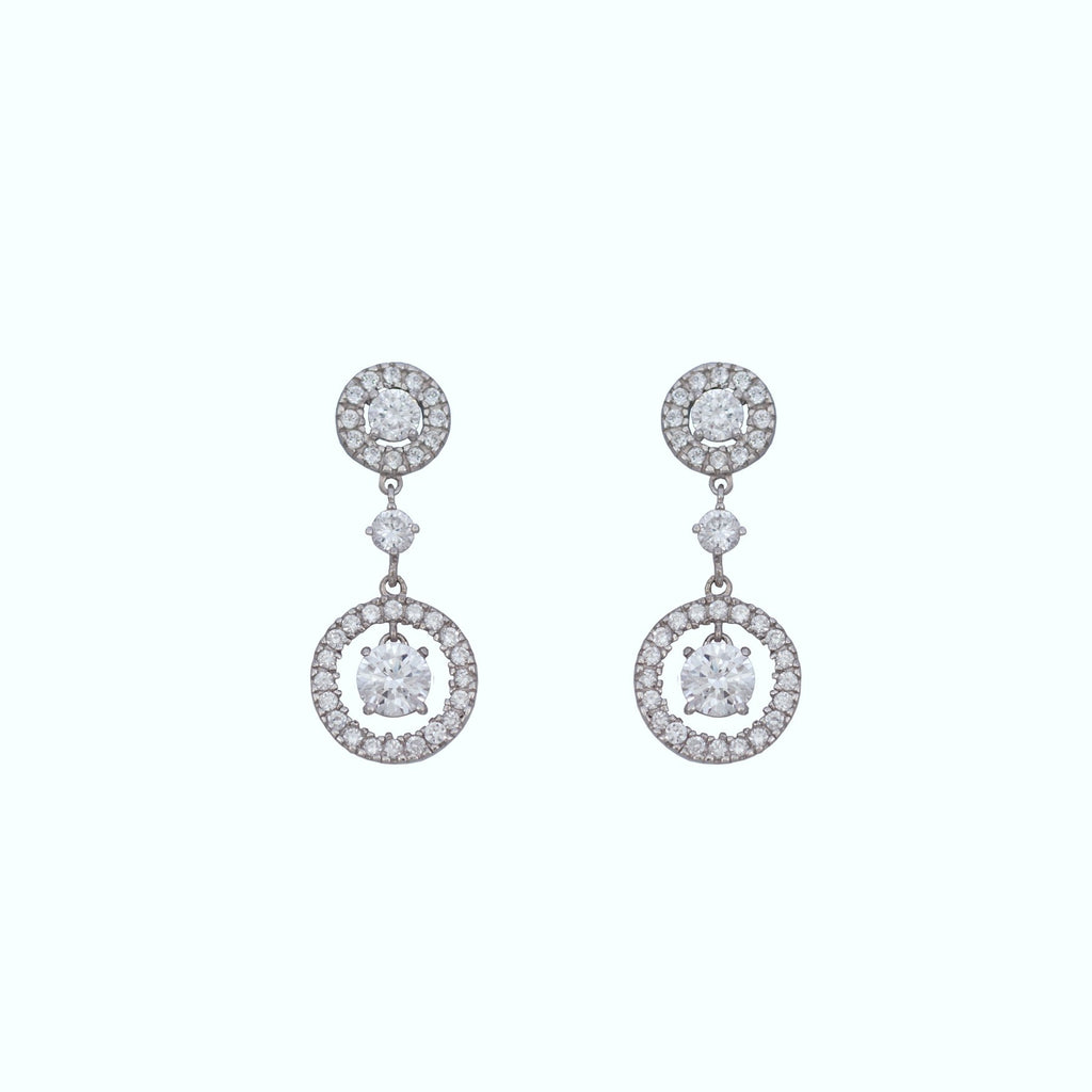 Sterling silver, rhodium plated, double round brilliant cut cubic zirconia cluster drop earrings.