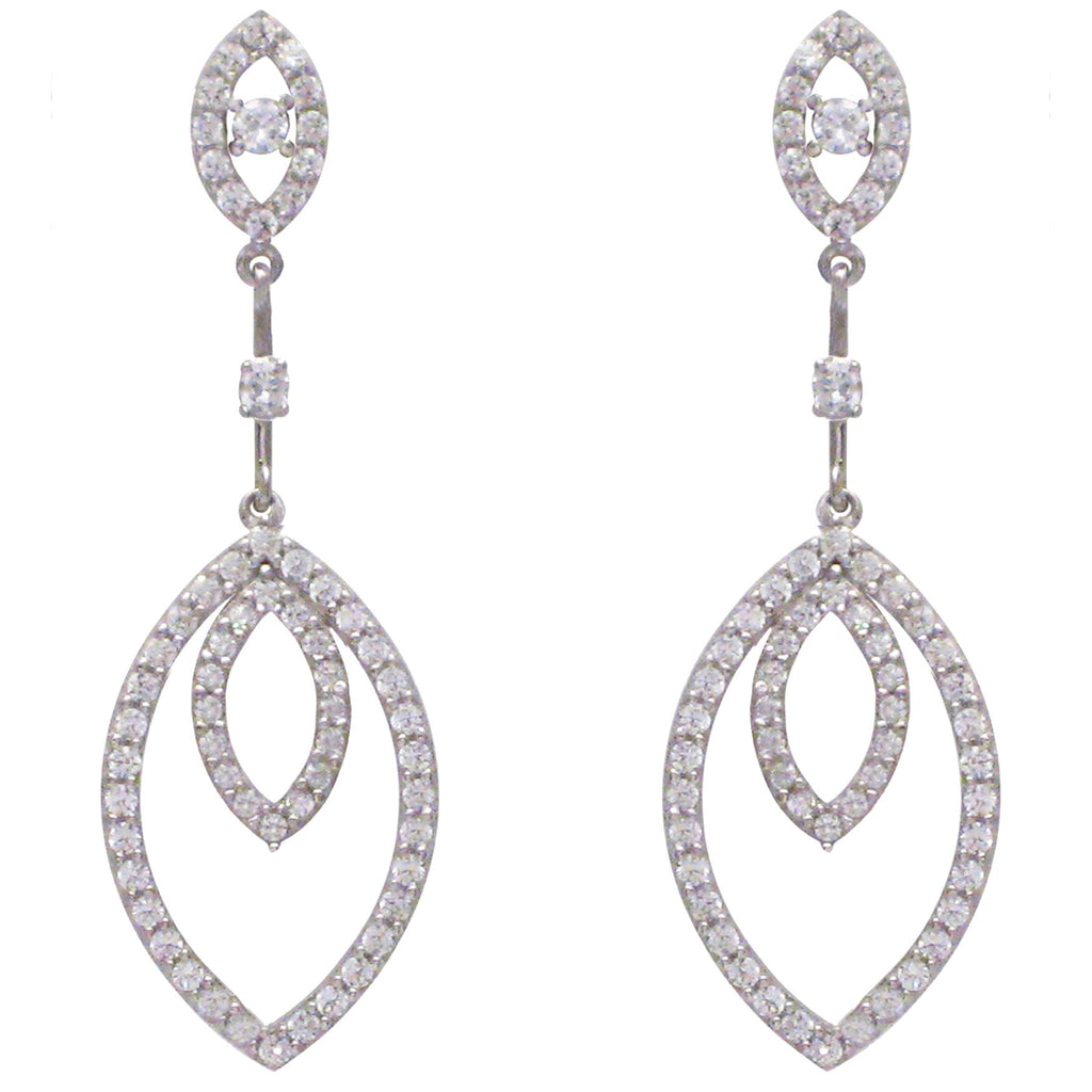 Sterling silver, rhodium plated, pave double marquise drop earrings.