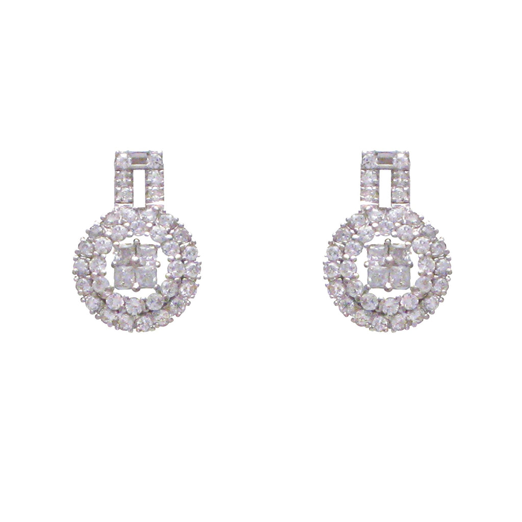 Sterling silver, rhodium plated, pave rectangle top and round cluster earrings.