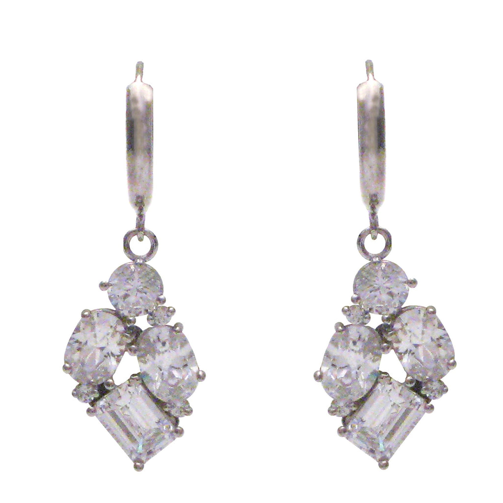 Sterling silver, rhodium plated, round oval emerald cut cubic zirconia drop on plain hoop earrings.
