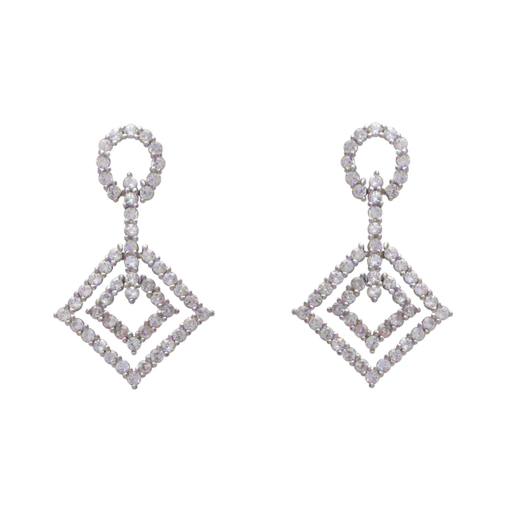 Sterling silver, rhodium plated, oval pave top with twin pave square drop earrings.