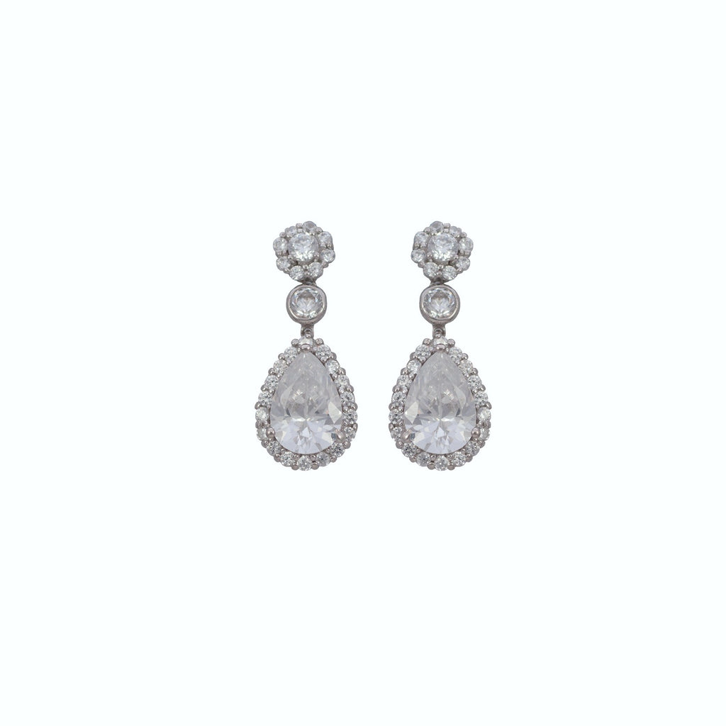 Sterling silver, rhodium plated, rose top, round brilliant and pear drop cubic zirconia pave edged earrings.