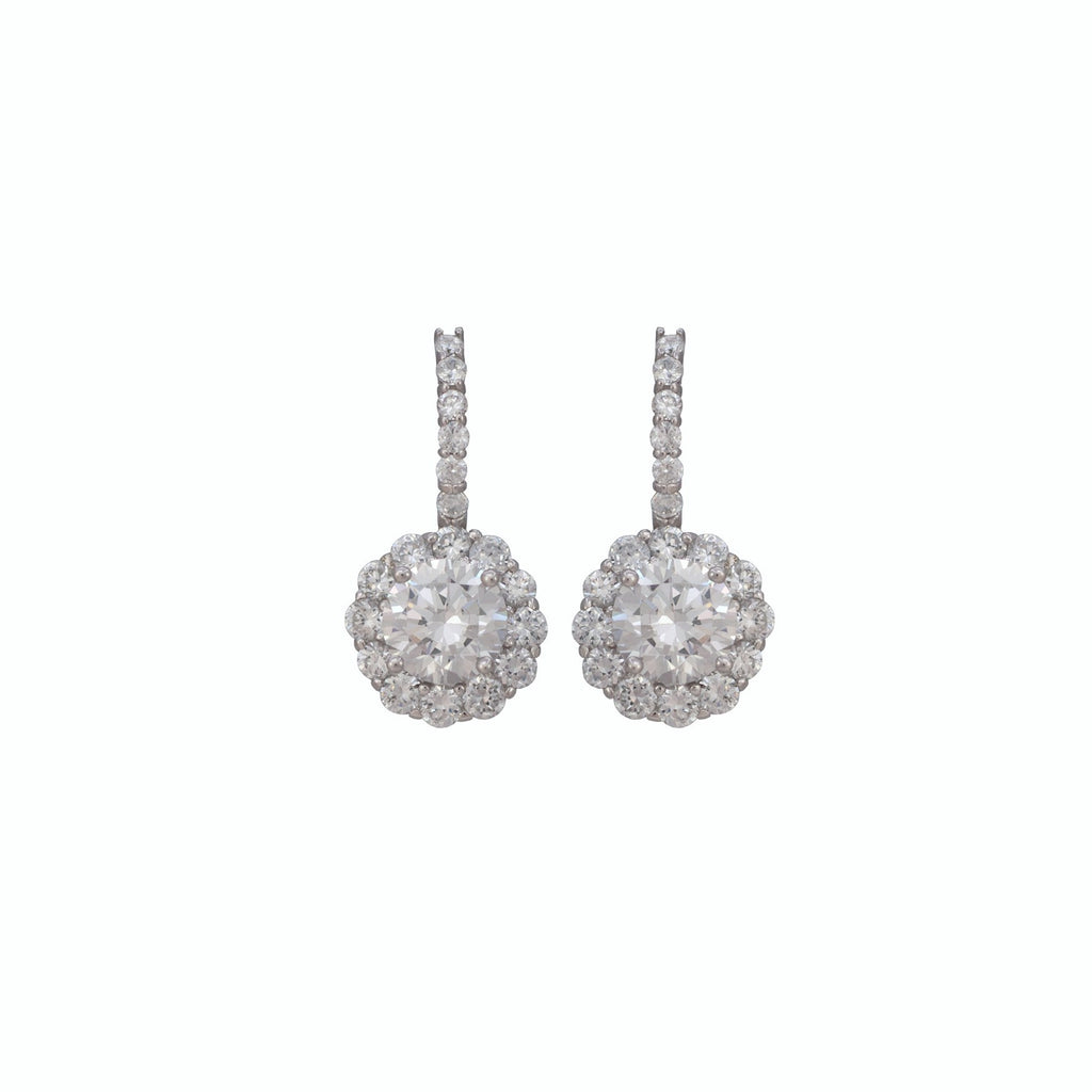 Sterling silver, rhodium plated, round brilliant cut cubic zirconia cluster and pave bar earrings.