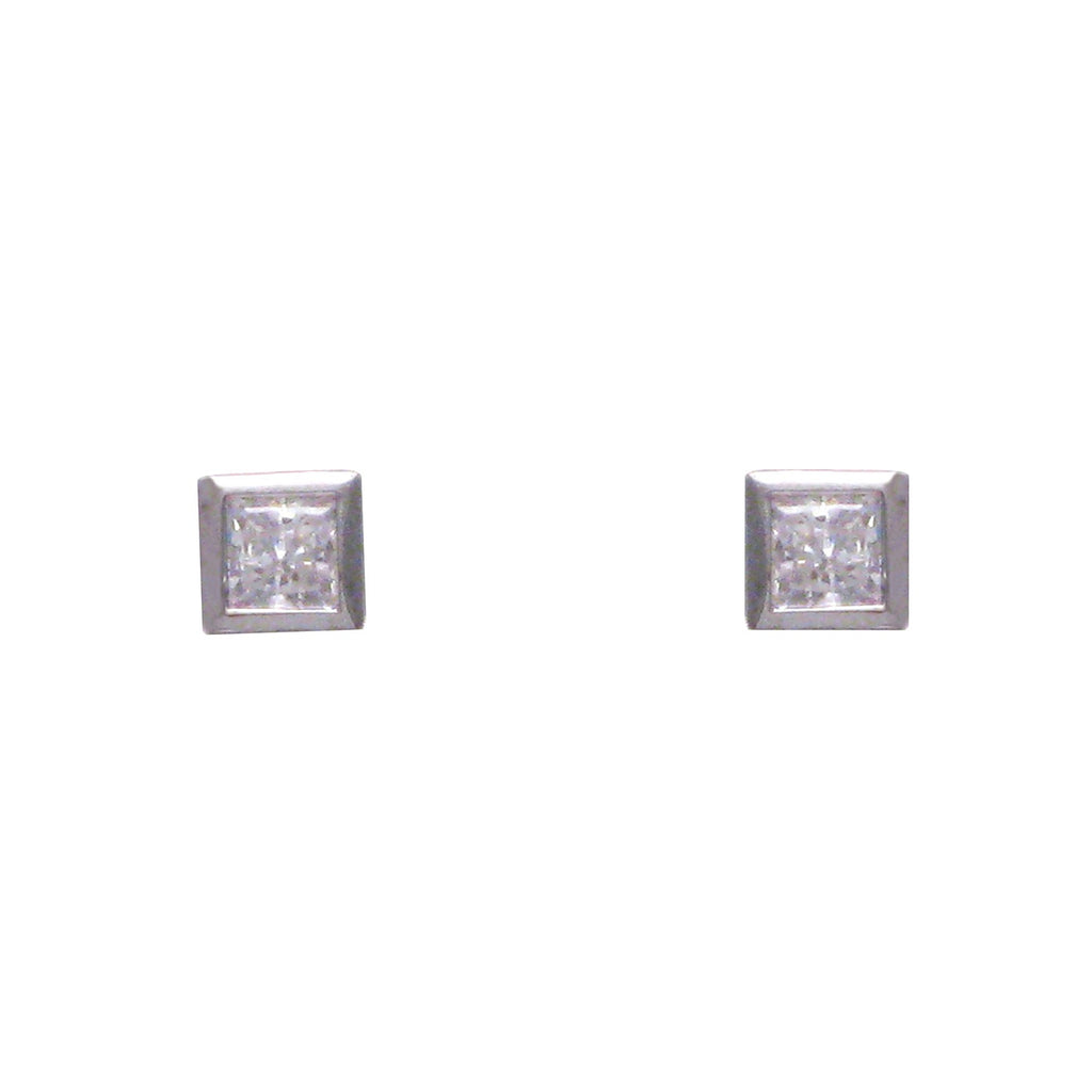 Sterling silver, rhodium plated, 6mm square princess cut rub over studs.