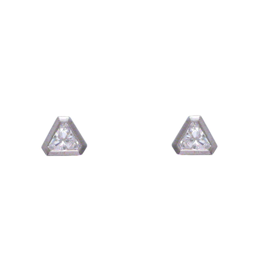 Sterling silver, rhodium plated, 6mm triangle cubic zirconia rub over studs.