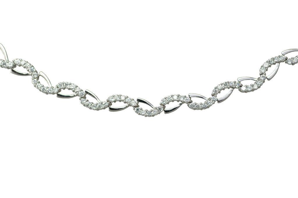 Sterling silver, rhodium plated, plain and pave cubic zirconia, 16" wave necklace.