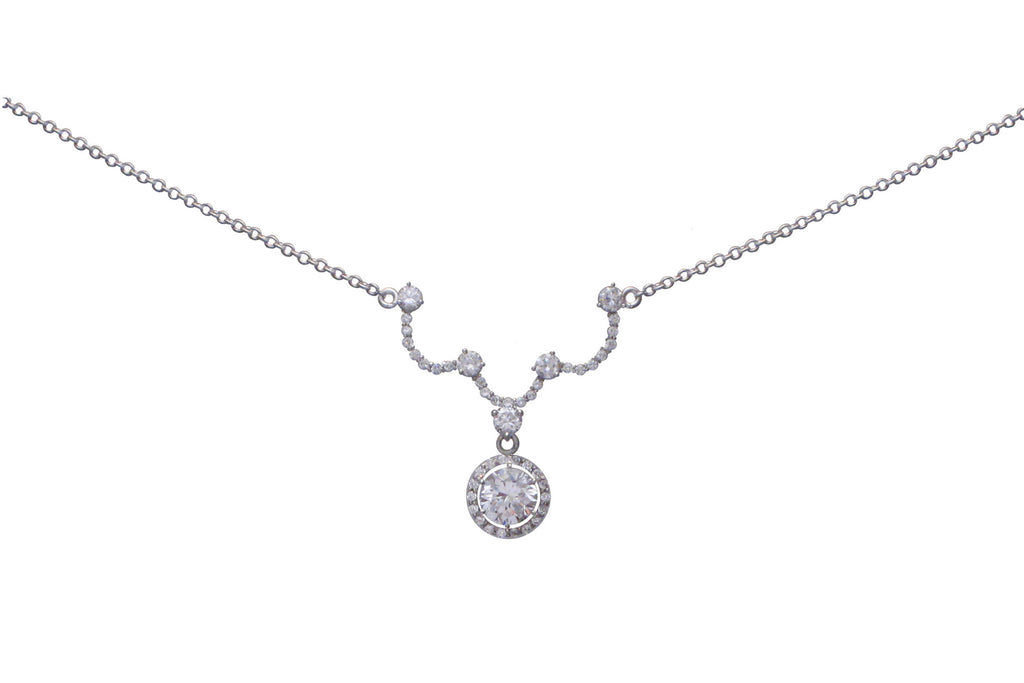 Sterling silver, rhodium plated, wavy pave cubic zirconia with round brilliant cut cubic zirconia drop pendant necklace.