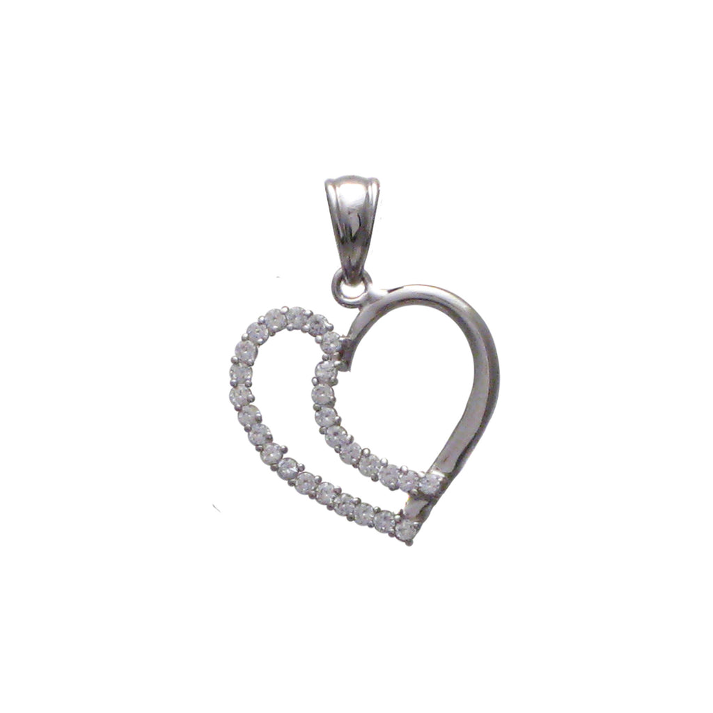 Sterling silver, rhodium plated, heart half pave set, round, brilliant cut, cubic zirconia pendant.