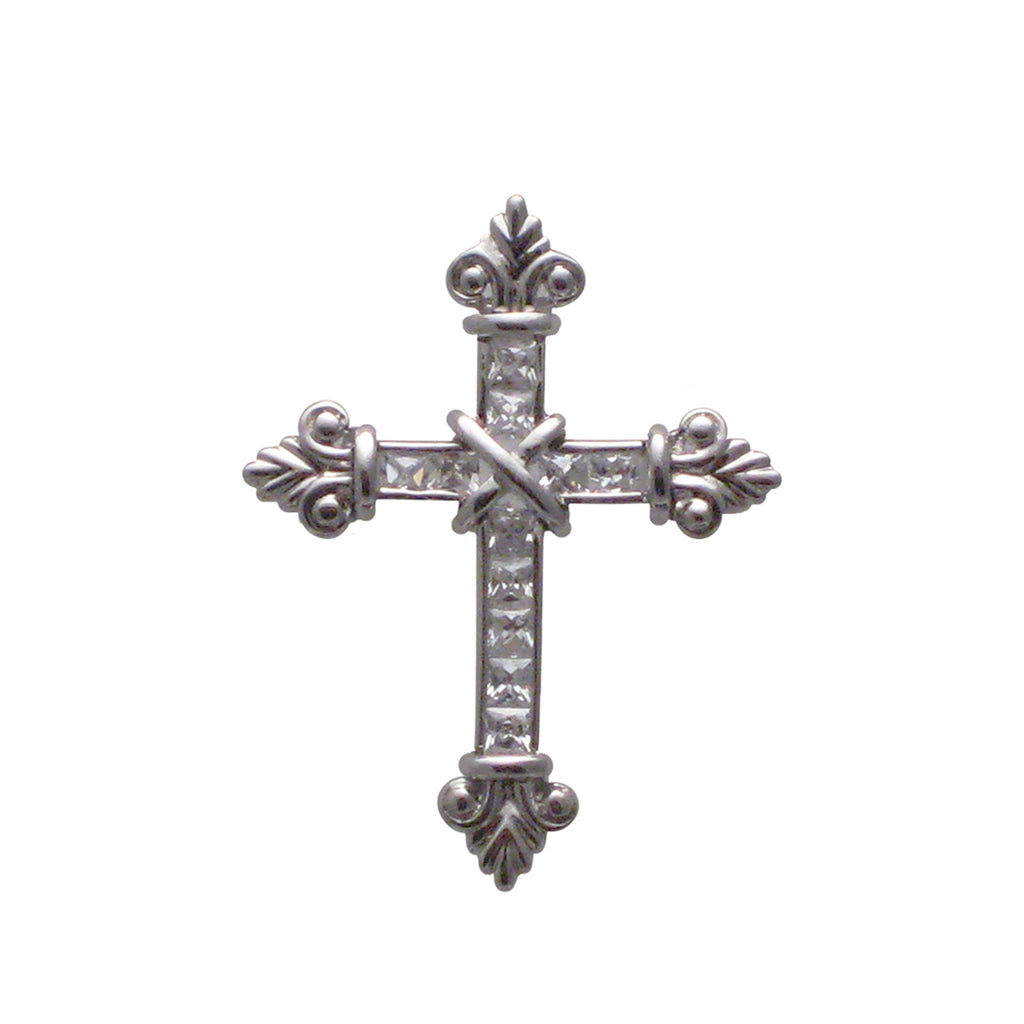 Sterling silver, rhodium plated, cross channel set, square princess cut, cubic zirconia pendant.