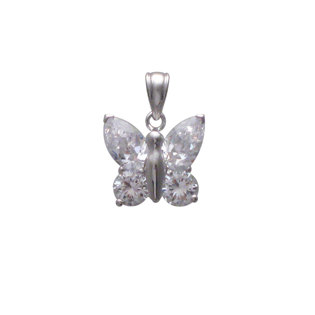 Sterling silver, rhodium plated, large butterfly set with round brilliant and pear cut, cubic zirconia pendant.