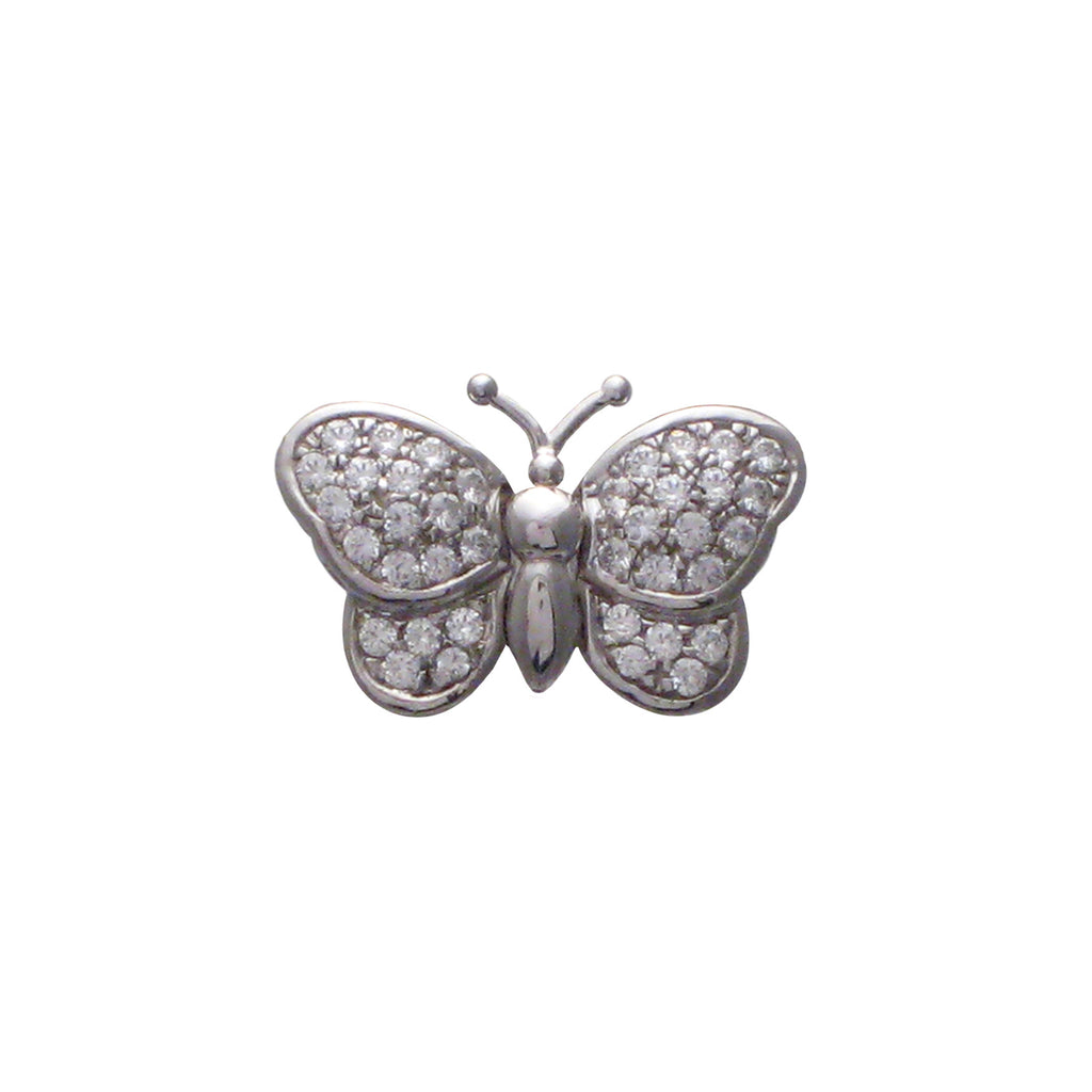 Sterling silver, rhodium plated, butterfly pave set, round brilliant cut, cubic zirconia pendant.