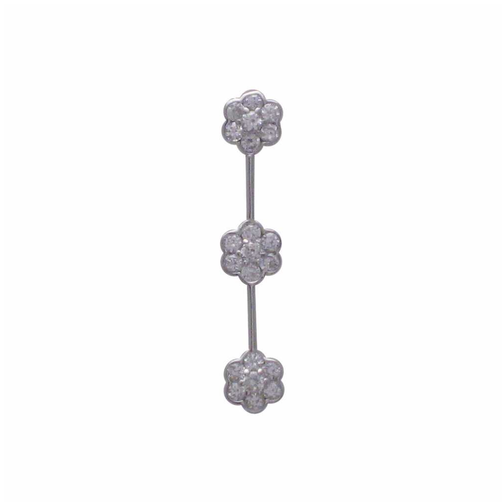 Sterling silver, rhodium plated, round brilliant cut cubic zirconia triple flower drop pendant.