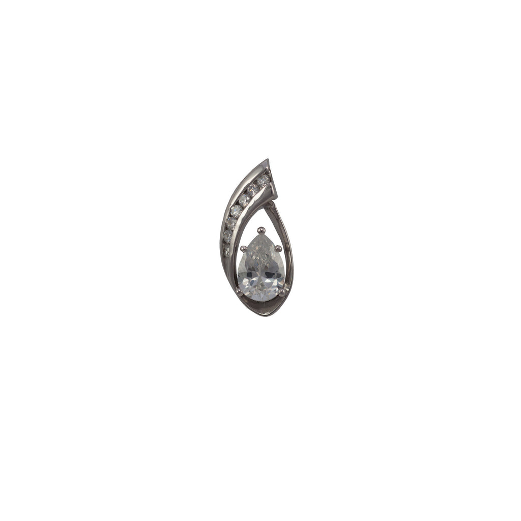 Sterling silver, rhodium plated, pear and round brilliant cut cubic zirconia drop pendant.