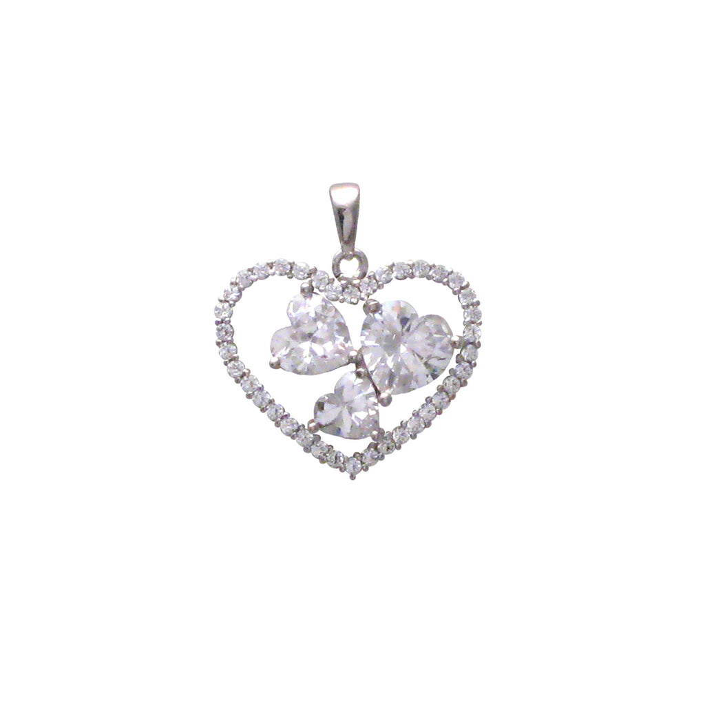 Sterling silver, rhodium plated, triple heart cut cubic zirconia set within heart pendant.