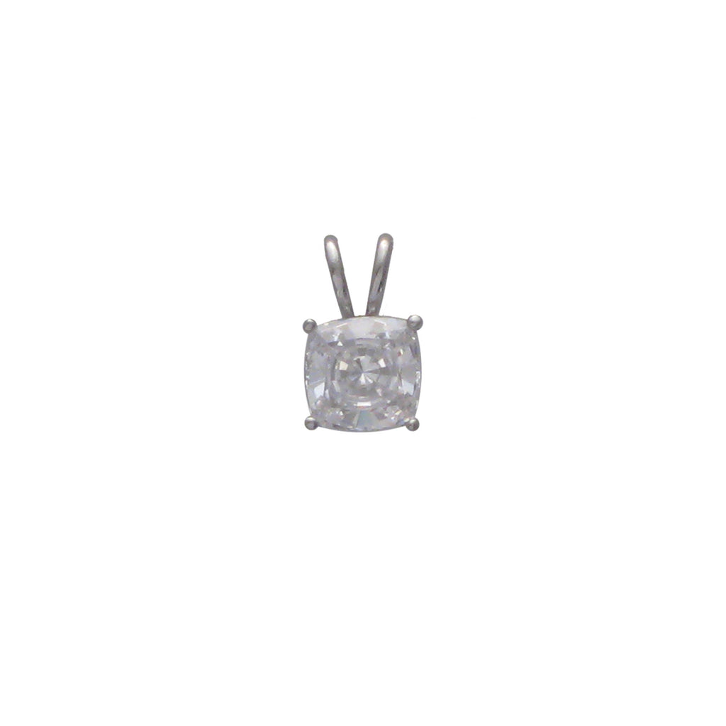 Sterling silver, rhodium plated, 8mm cushion cut, cubic zirconia, claw set pendant.
