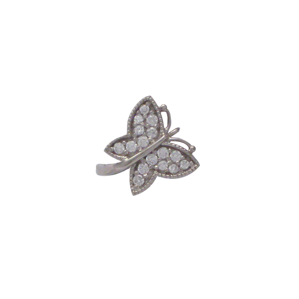Sterling silver, rhodium plated, pave butterfly ring.