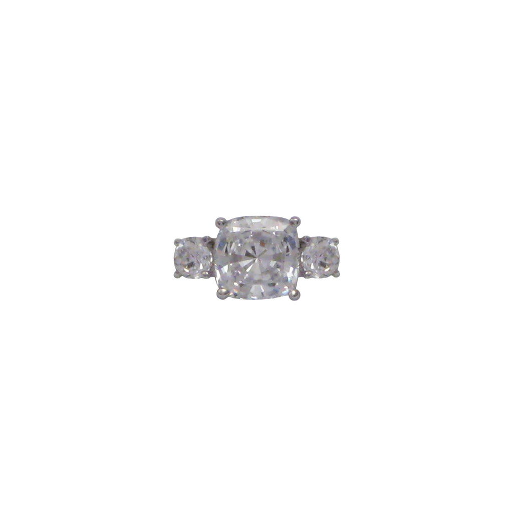 Sterling silver, rhodium plated, 8mm cushion ring with round brilliant cut cubic zirconia shoulders.