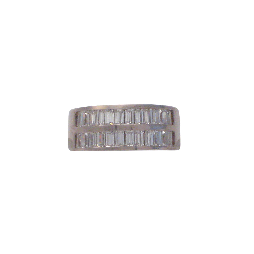 Sterling silver, rhodium plated, double row baguette cut cubic zirconia half eternity ring.