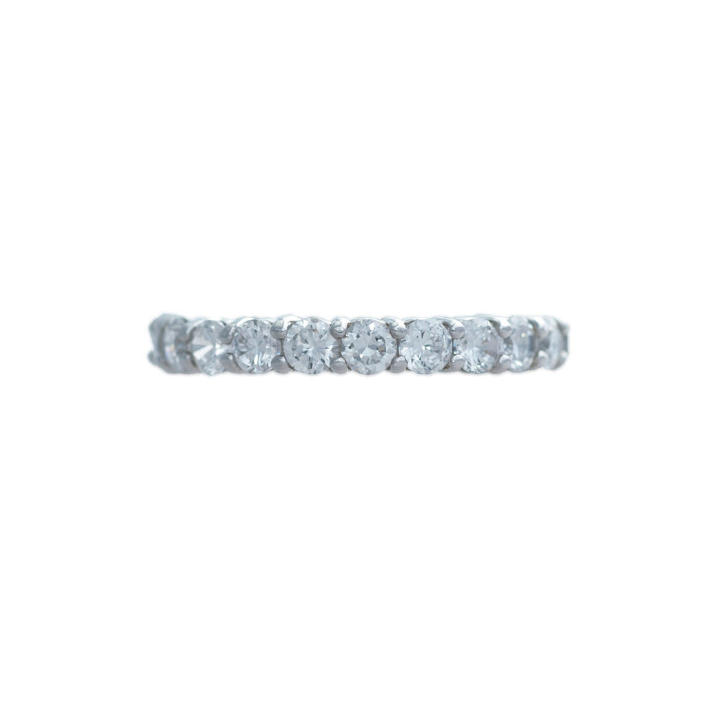 Sterling silver, rhodium plated, 3mm round brilliant cut cubic zirconia, claw set, full eternity ring.