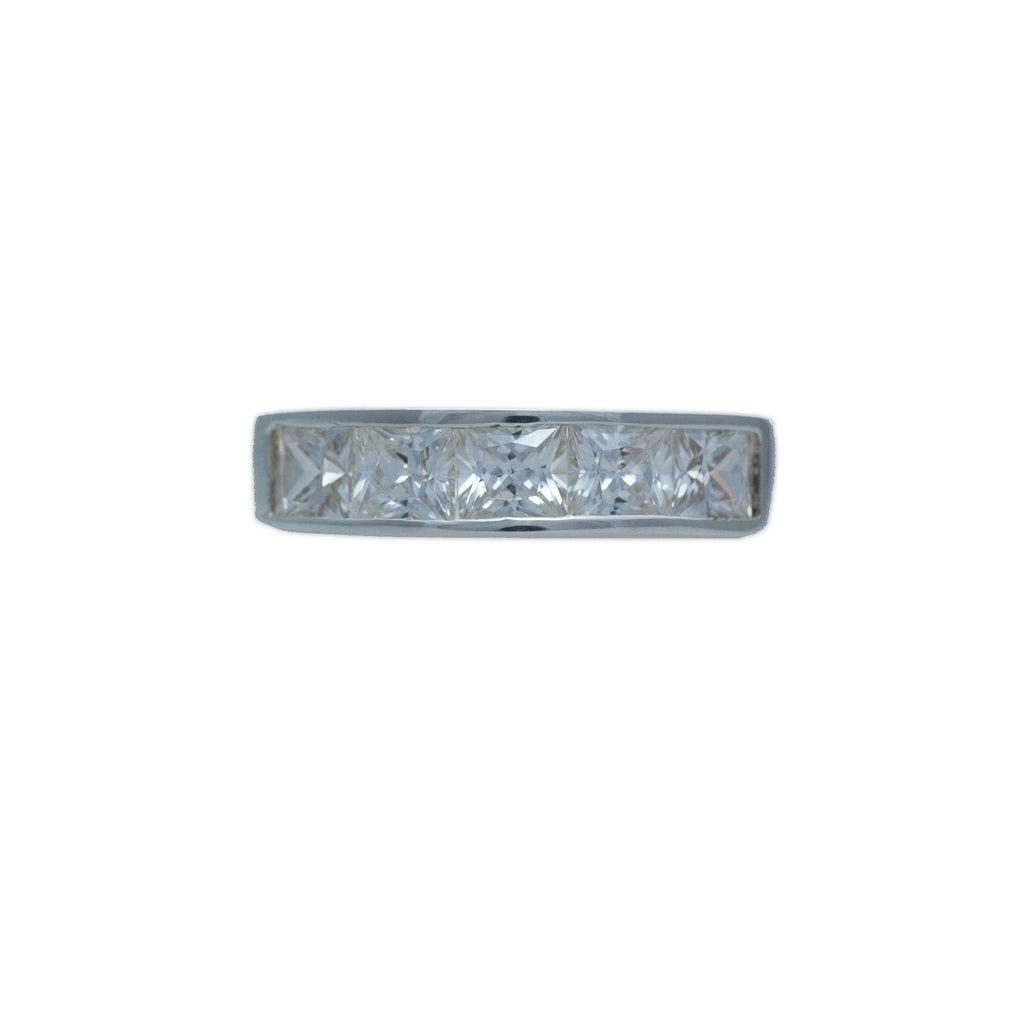 Sterling silver, rhodium plated, 4mm square princess cut cubic zirconia, channel set, half eternity ring.