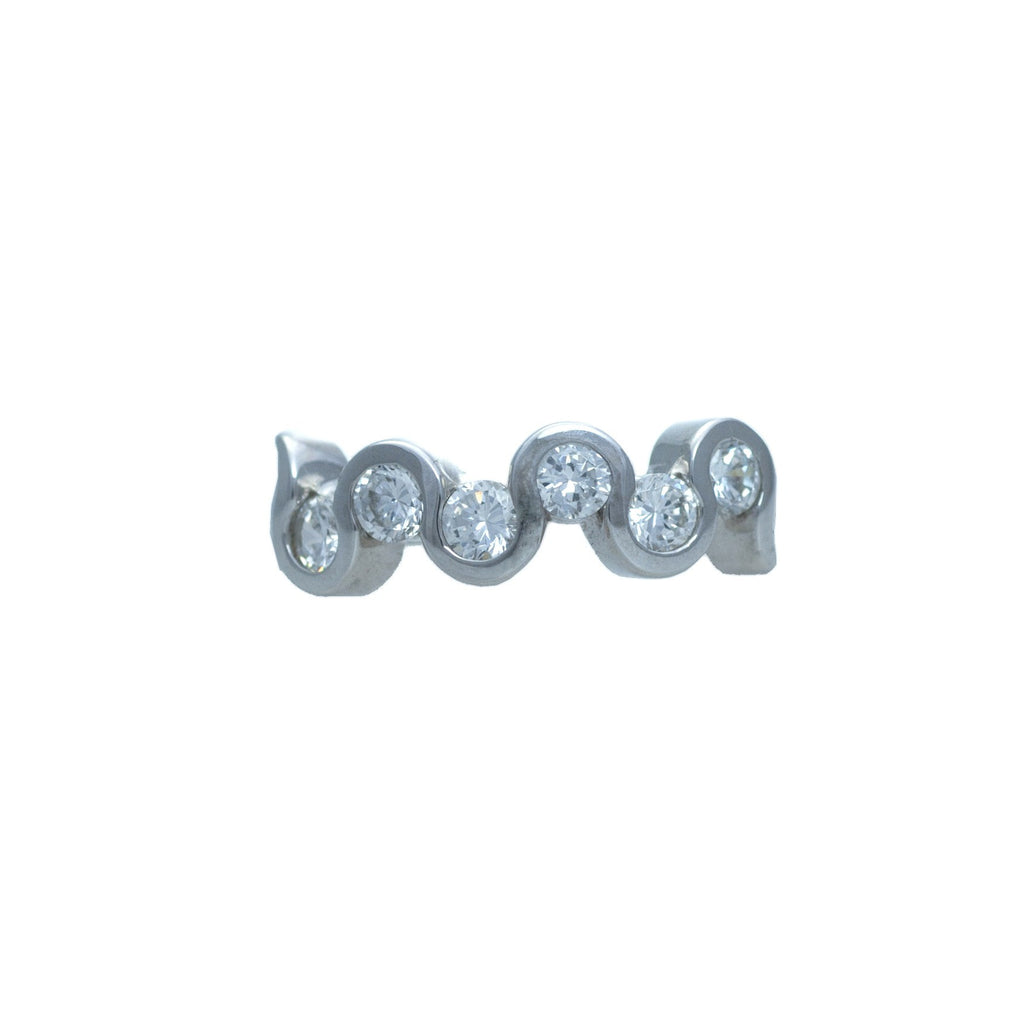 Sterling silver, rhodium plated, round brilliant cut cubic zirconia set in wavy half eternity ring.