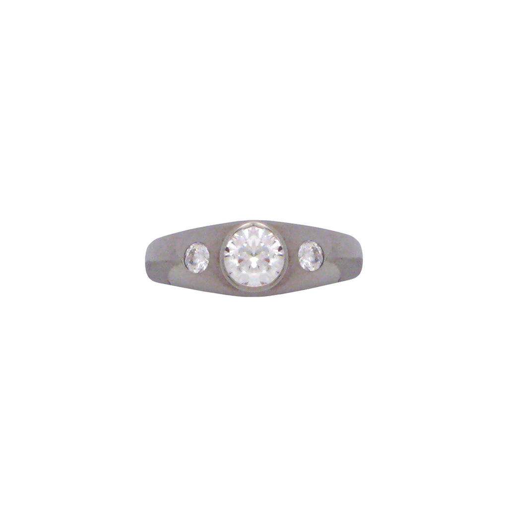 Sterling silver, rhodium plated, three round brilliant cut cubic zirconia stones set in wide ring band.