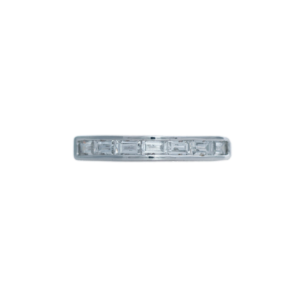 Sterling silver, rhodium plated, baguette cut cubic zirconia, horizontal channel set, half eternity ring.