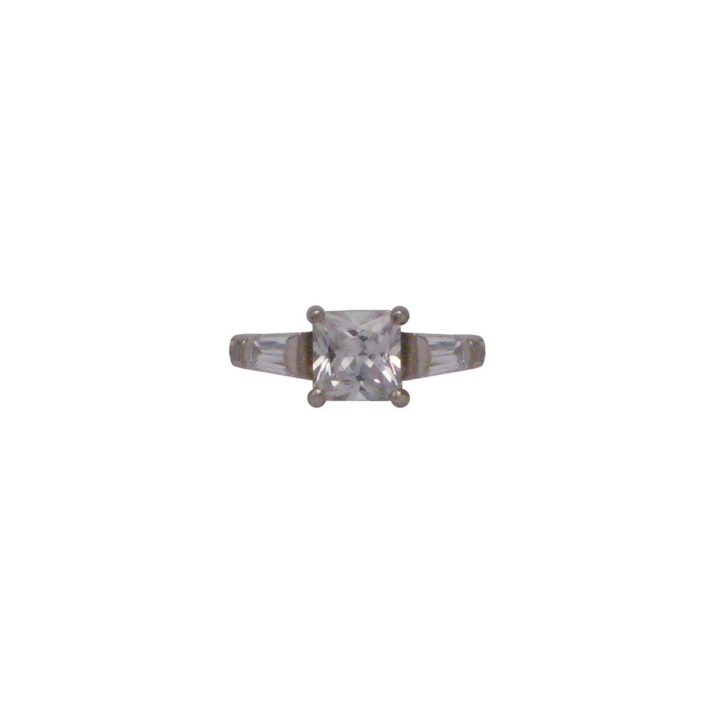 Sterling silver, rhodium plated, square princess cut cubic zirconia ring with taper baguette shoulders